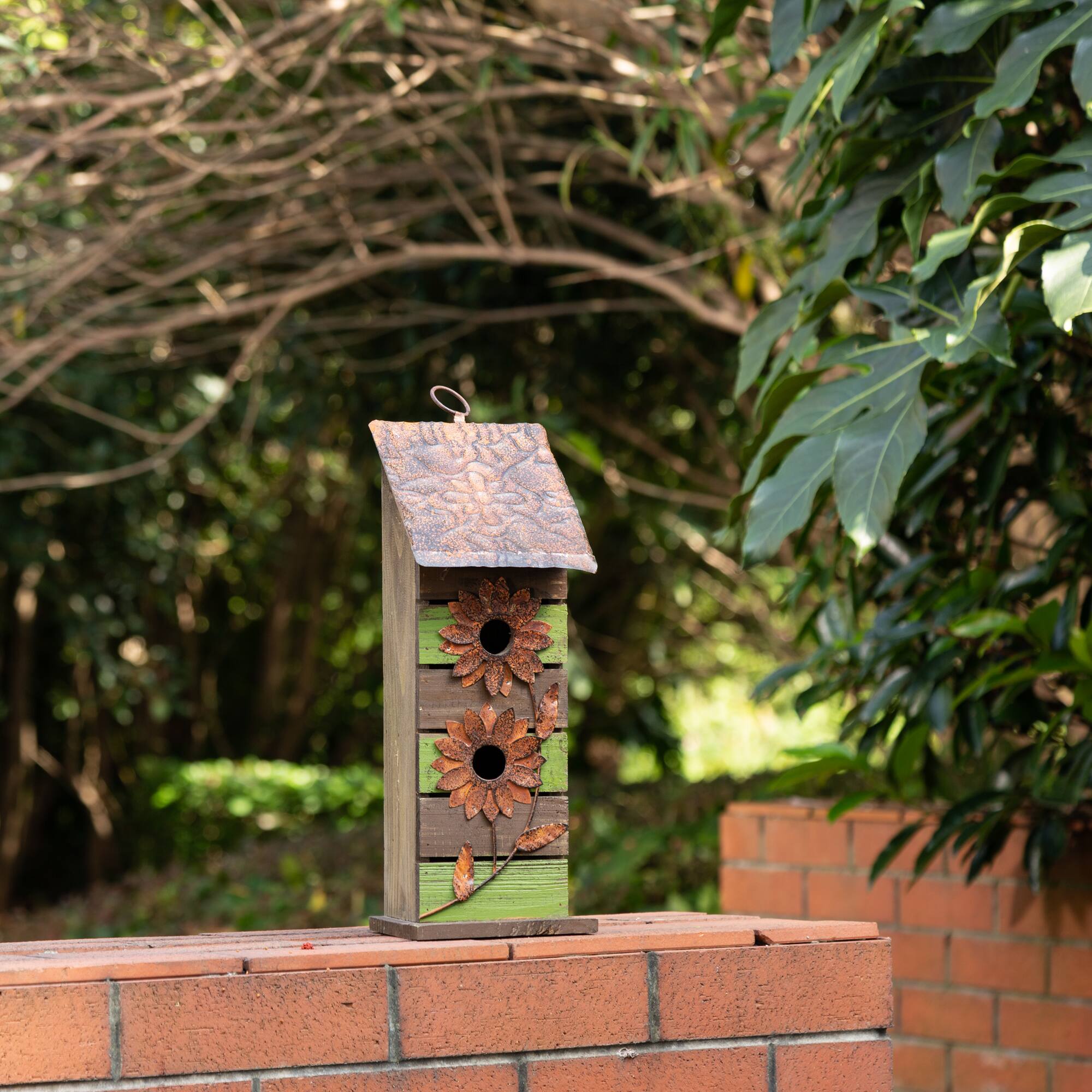 Glitzhome® Hanging 2-Tiered Distressed Wood Bird House with Flowers